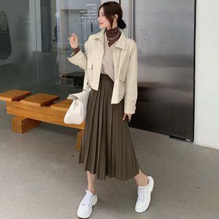 Turtleneck Plain T-shirt / Knit Vest / Pleated Midi Skirt / Faux-leather Jacket