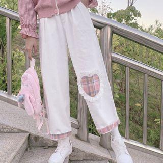 Plaid Heart Panel Straight Leg Pants With Lining - Pink & White - One Size