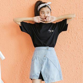 Set: Short-sleeve Lettering T-shirt Dress + Asymmetric Denim Skirt