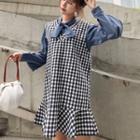 Set: Balloon-sleeve Shirt + Sleeveless Plaid Mini Dress