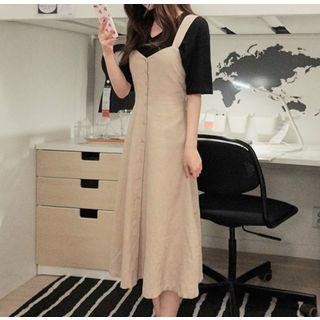 Plain Short-sleeve T-shirt / V-neck Midi Pinafore Dress
