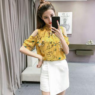 Print Cutout Shoulder Short-sleeve Chiffon Blouse
