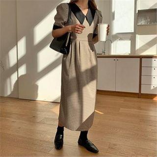 Contrast-trim Checked Long Dress Black - One Size