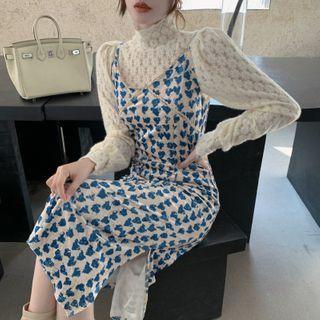Puff-sleeve Lace Blouse / Heart Print Midi Pinafore Dress