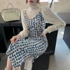 Puff-sleeve Lace Blouse / Heart Print Midi Pinafore Dress