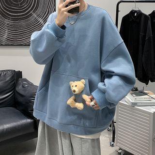 Pocket-detail Bear Applique Oversize Pullover