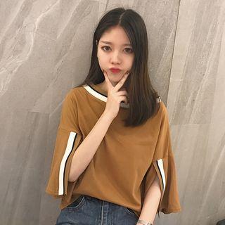 Contrast Trim Elbow-sleeve Slit T-shirt