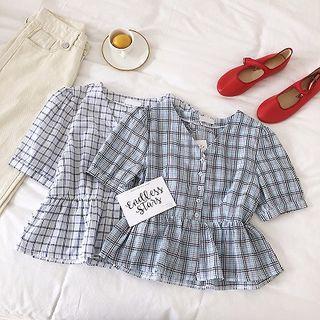 Plaid V-neck Single-breasted Short-sleeve Blouse