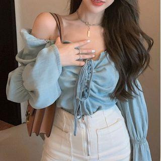 Off-shoulder Lace Up Blouse Light Blue - One Size