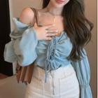 Off-shoulder Lace Up Blouse Light Blue - One Size