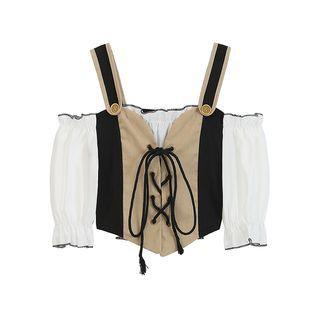 Elbow-sleeve Cold-shoulder Color Block Cropped Blouse