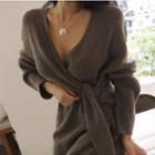 Knit Long-sleeve Deep V-neck Midi Sheath Dress