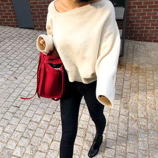 Diagonal-neckline Crop Sweater