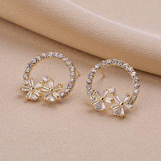 Rhinestone Hoop Earring Qr--025 - 1 Pr - Gold - One Size