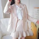 Long-sleeve Double-breasted Blazer / Bow-accent Plain Shirt / High-waist Pleated Mini Skirt