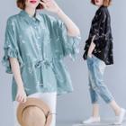 Flared-sleeve Floral Print Drawstring Blouse