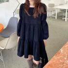 Puff-sleeve Square Neck Plain Layered Loose Fit Dress Black - One Size