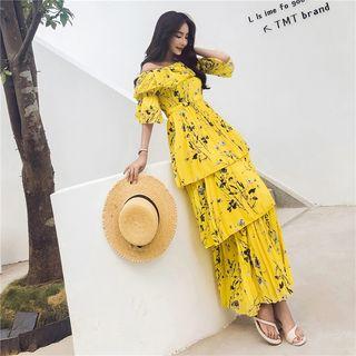 Elbow-sleeve Tiered Printed Midi Dress