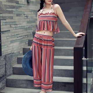 Set: Striped Bikini + Cover-up + Wide Leg Pants