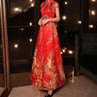 Short-sleeve Embroidered Qipao Evening Gown