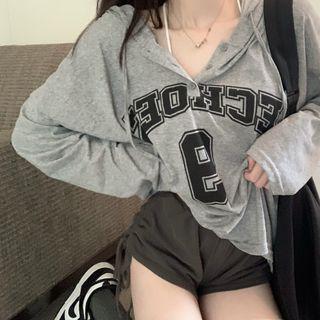 Long-sleeve Lettering Hooded T-shirt / Drawstring Shorts