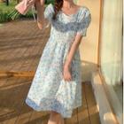 Short-sleeve Bow-back Floral Print Midi A-line Dress
