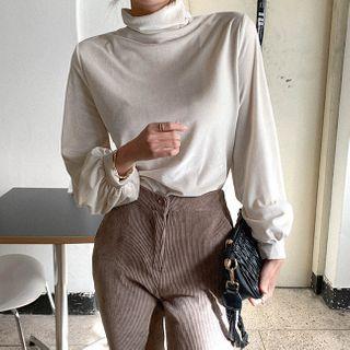 Turtle-neck Balloon-sleeve Velvet Top