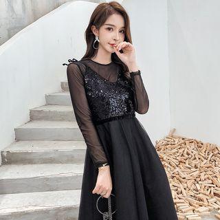 Set: Spaghetti Strap Sequined Panel Midi A-line Dress + Long-sleeve Dress
