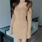 Long-sleeve V-neck Knit Top / Mini Fitted Skirt