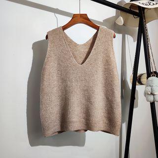 V-neck Plain Loose-fit Knit Vest