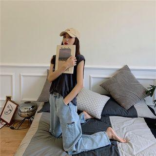 High-waist Distressed Panel Straight-cut Jeans