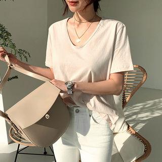 U-neck Short-sleeve T-shirt Beige - One Size