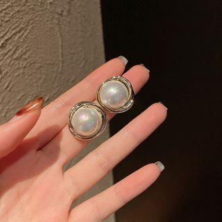 Faux Pearl Earring 1 Pair - 925 Silver Needle Earring - Gold Trim - White - One Size