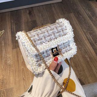 Chain Strap Faux Pearl Crossbody Tweed Bag