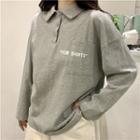 Lettering Long-sleeve Loose-fit Polo Shirt