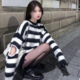 Elbow-cutout Striped Sweater Stripes - One Size