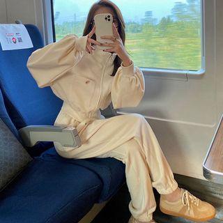 Set: Lantern-sleeve Zip-up Jacket + Jogger Sweatpants