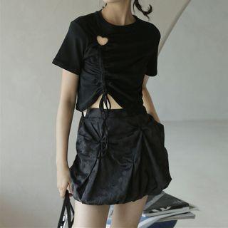 Short-sleeve Heart Cutout Drawstring T-shirt
