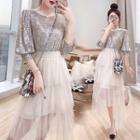 Set: Sequined Elbow-sleeve Top + Layered Midi A-line Mesh Skirt