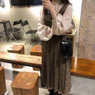 Set: Puff Sleeve Frill Trim Stand Collar Blouse + Plaid A-line Pinafore Dress