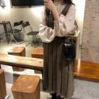 Set: Puff Sleeve Frill Trim Stand Collar Blouse + Plaid A-line Pinafore Dress