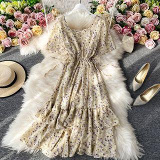 Square-neck Floral Slim Cut Maxi Dress White&blue Flower - One Size