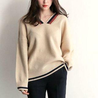 Long-sleeved Color Block Loose-fit Knitted V-neck Pullover