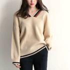 Long-sleeved Color Block Loose-fit Knitted V-neck Pullover