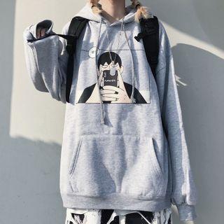 Cartoon Print Drawstring Hoodie Gray - One Size