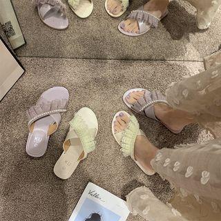 Crisscross Ruffled Flat Slide Sandals