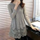 3/4-sleeve Lace Panel A-line Mini Knit Dress