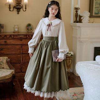 Bow Accent Shirt / Lace Up Midi A-line Skirt / Set