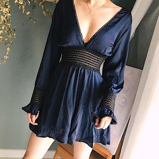 Long-sleeve Perforated Panel Mini Dress