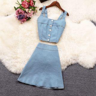 Set: Denim Camisole Top + Mini A-line Skirt
